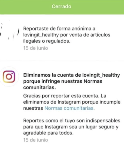 Cuenta cerrada temporalmente por la venta de articulos ilegales