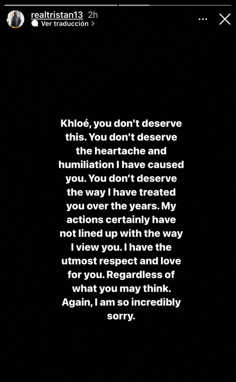 Tristan Thompson se disculpa con Khloé Kardashian a través de Instagram stories.