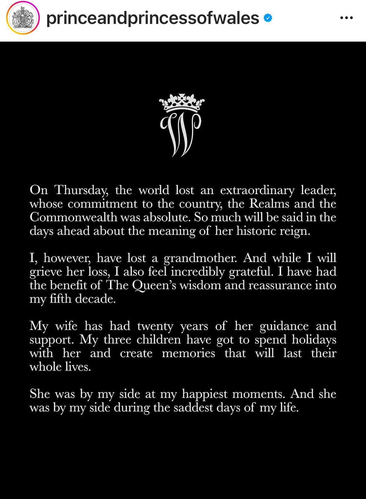 Declaración de William, nuevo príncipe de Gales, tras la muerte de Isabel II