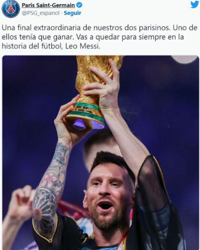 El equipo Paris St. Germain, donde juega actualmente Messi, no dudó en felicitar a su integrante y también reconoció el esfuerzo de Kylian Mbappé. 