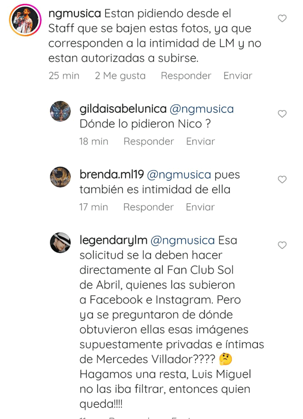 Mensaje donde piden retirar las fotos que se filtraron.