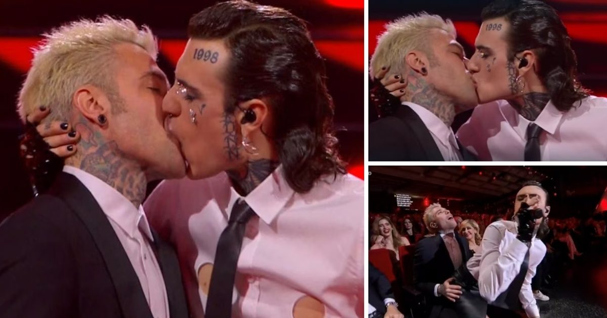 Beso entre Fedez, esposo de Chiara Ferragni, y Rosa Chemical durante Festiva de Sanremo