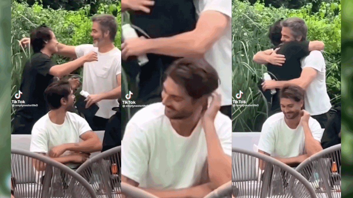 En esta imagen compartida por un usuario de TikTok, Brad luce un poco incómodo al ver llegar al actor Chris Pine a saludar a Harry.