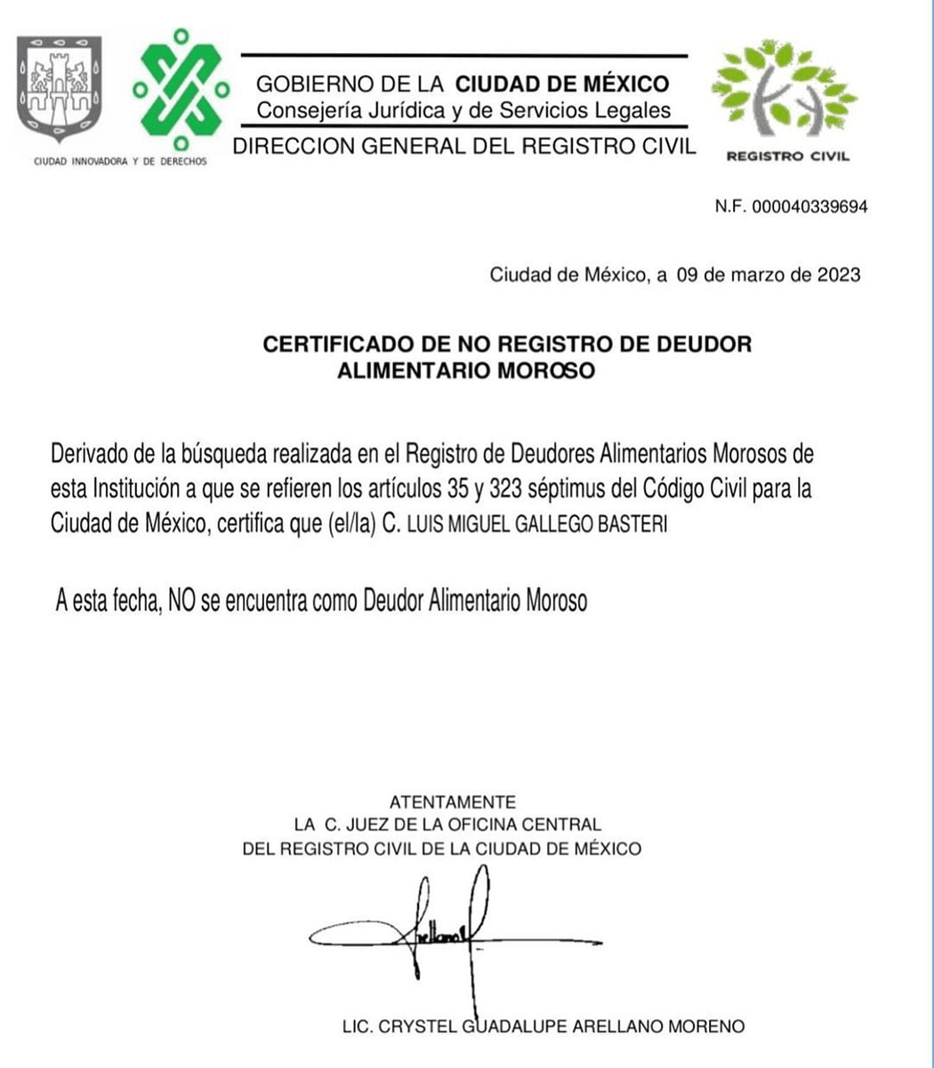 Documento que avala el no adeudo de Luis Miguel.