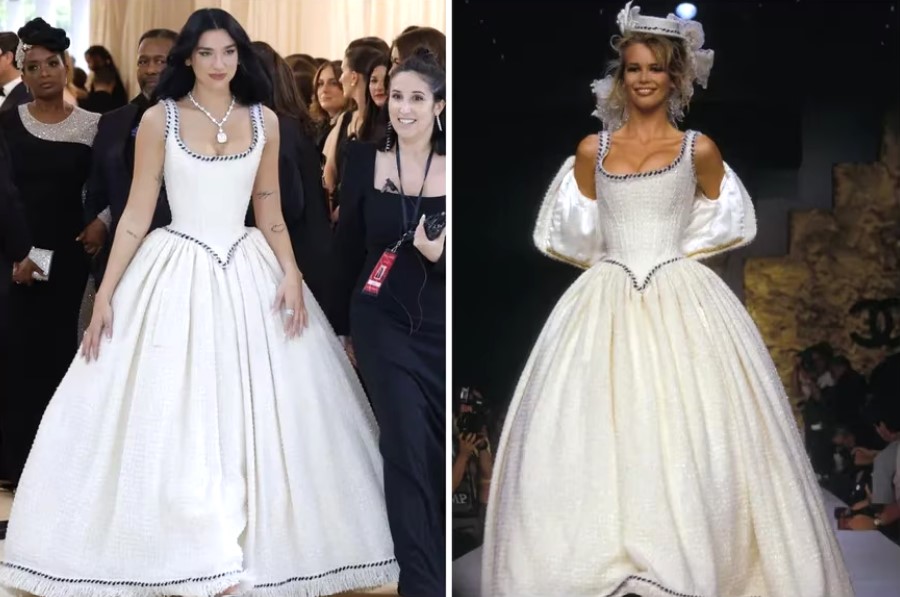 Dua Lipa, en Chanel, lució el mismo diseño que Claudia Schiffer presumió en una pasarela de la firma en 1992. 