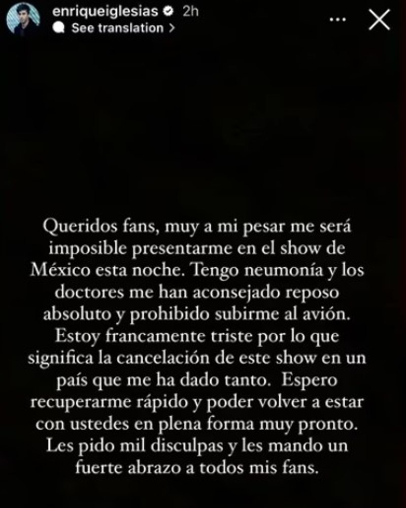El delicado estado de salud de Enrique Iglesias impidió que cumpliera con el show que tenía programado el 13 de mayo en México. 