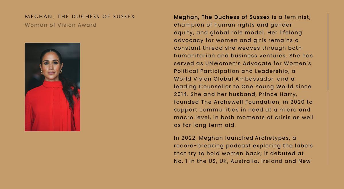 Meghan Markle fue reconocida con el premio 'Women of Vision'.
