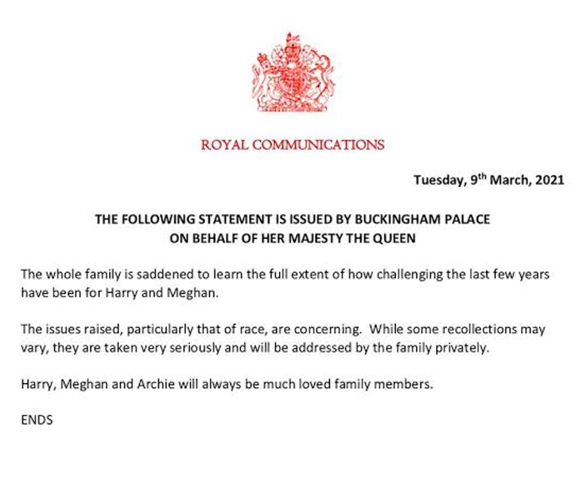 comunicado en respuesta a meghan markle y el pricipe harry