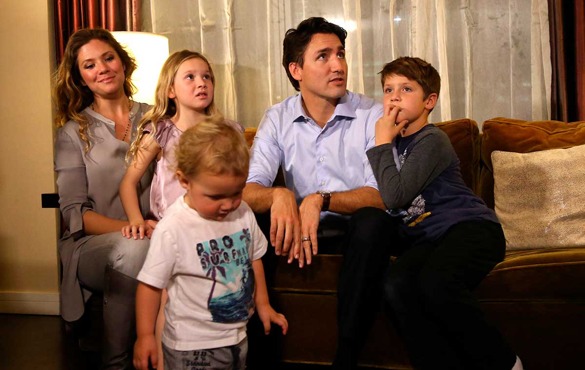 Justin Trudeau y Sophie Grégoire con sus hijos Xavier, Hadrien y Ella-Grace