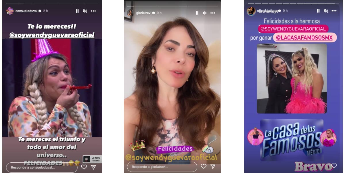 Mensaje de famosos celebrando el triunfo de Wendy Guevara en La casa de los famosos.
