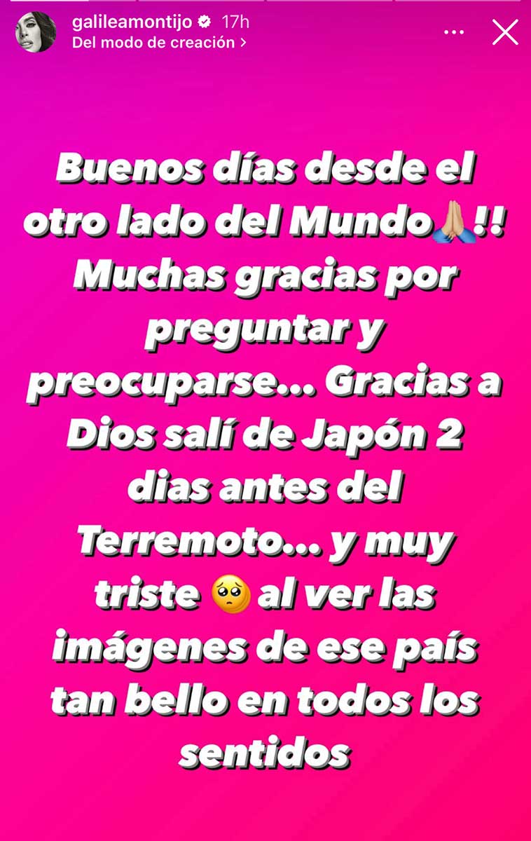 Galilea Montijo agradeció la preocupación de sus seguidores tras terremoto en Japón. 