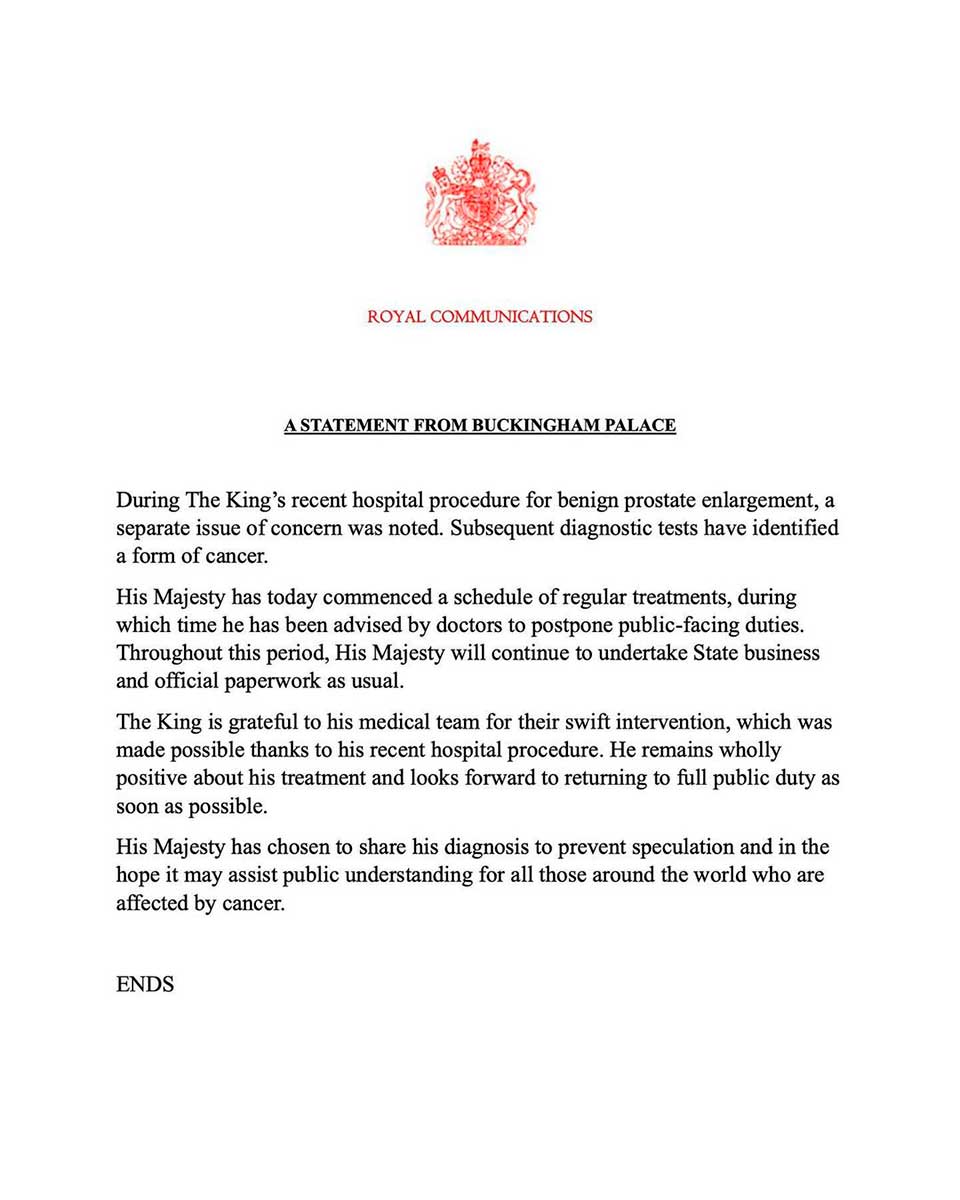 Comunicado Casa Real británica sobre cáncer rey Carlos