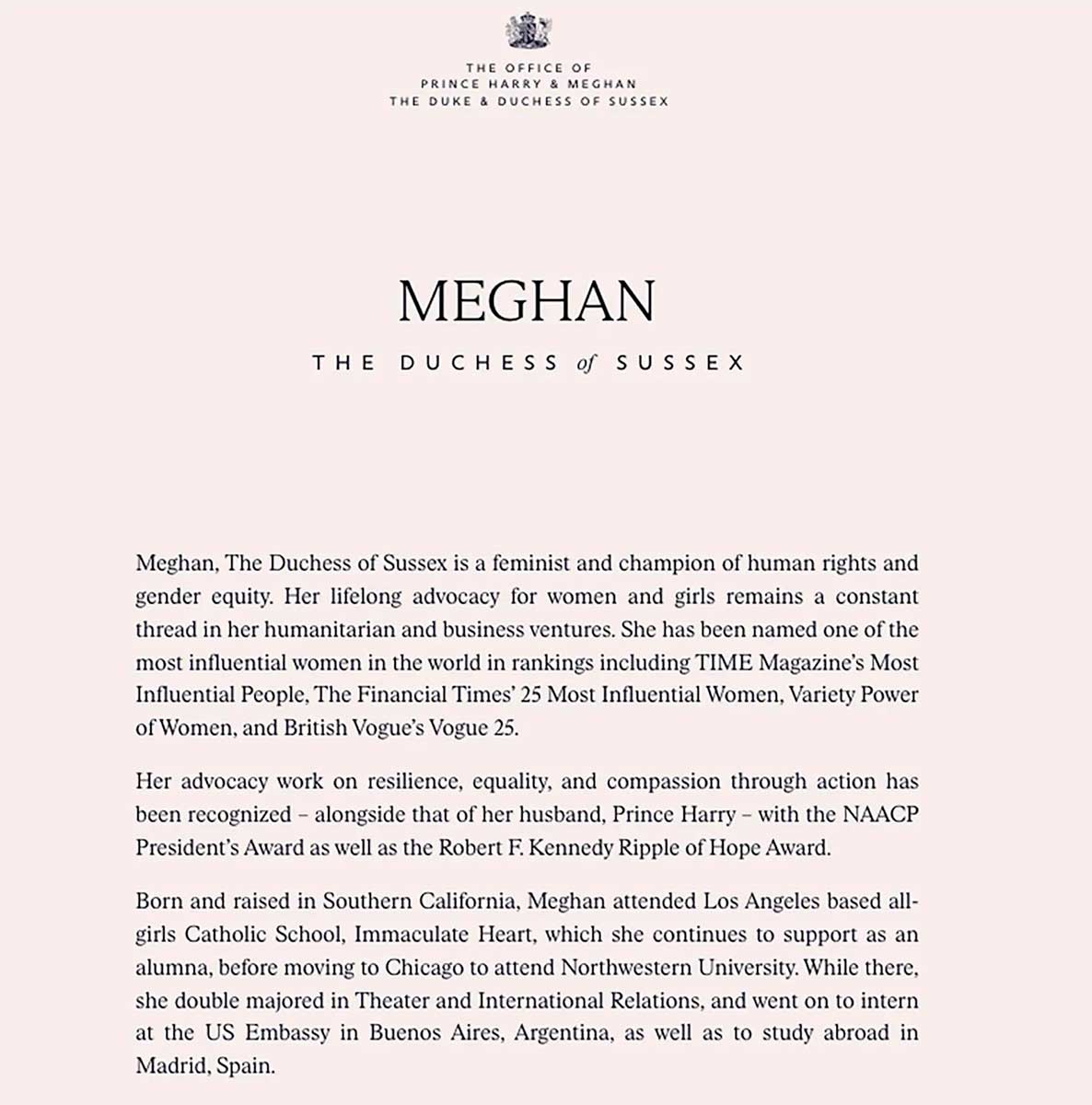 El sitio destaca la lucha por la equidad de género de Meghan Markle.