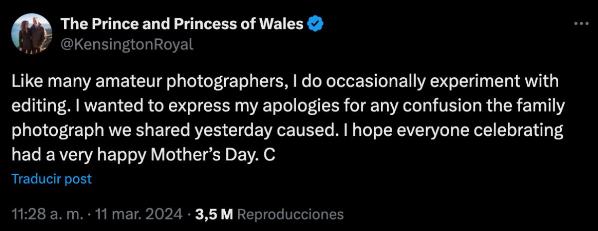 Mensaje de Kate Middleton tras publicar fotografía manipulada por el Día de las Madres.
