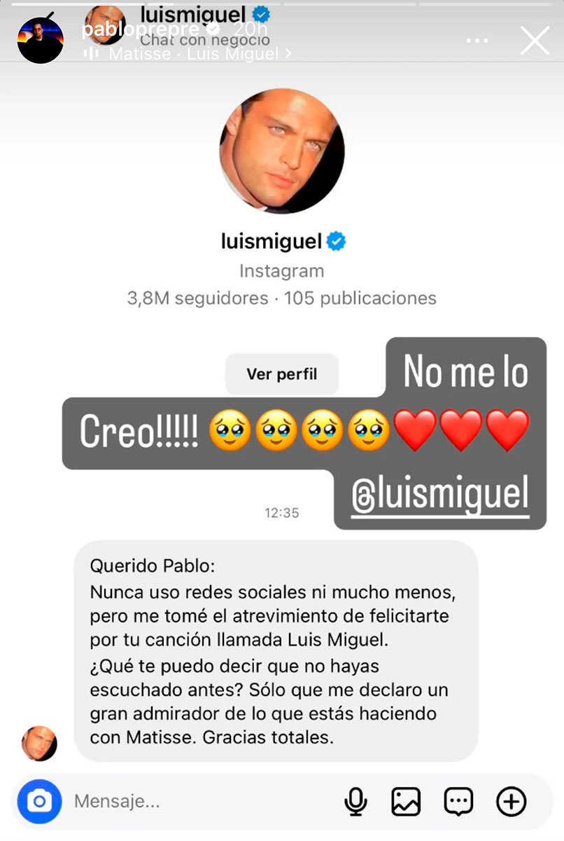 Pablo Preciado compartió su emoción al recibir la felicitación directa de Luis Miguel.