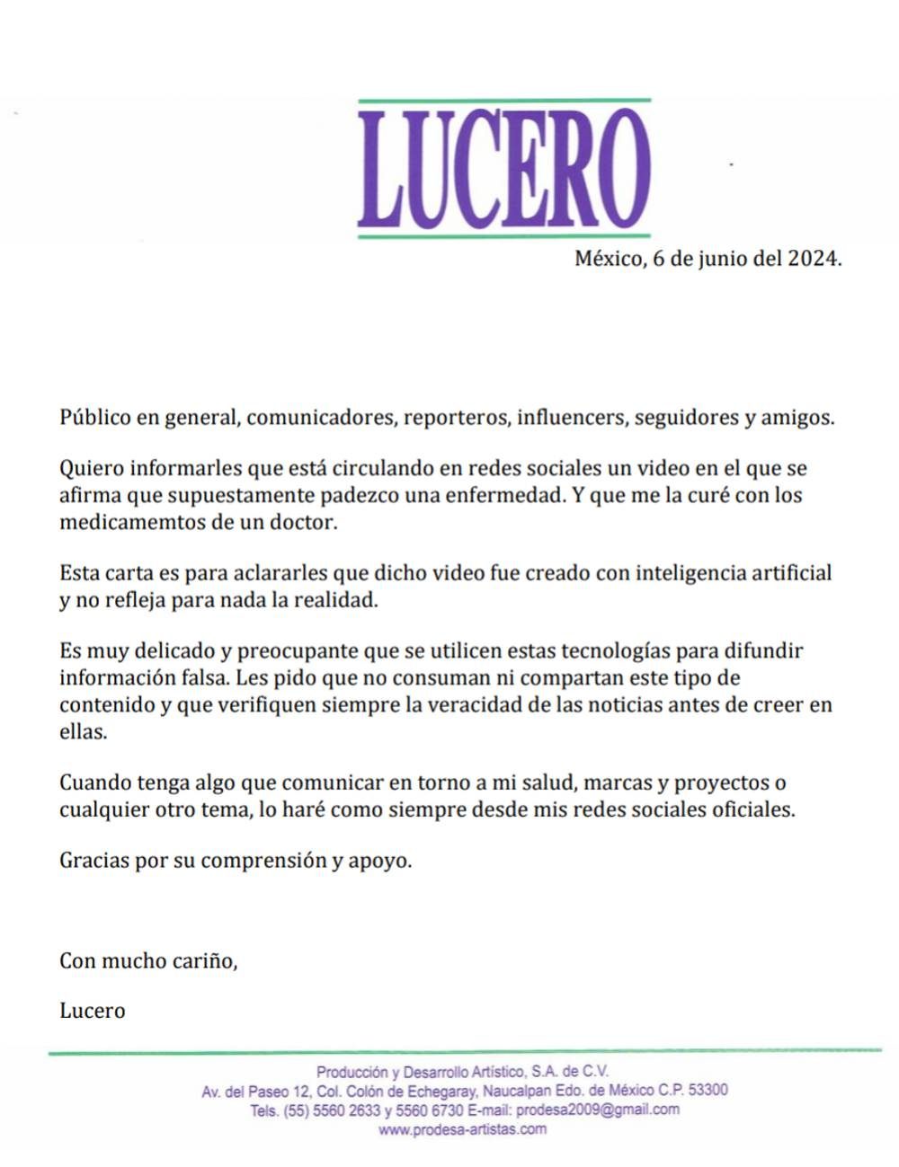 Con este comunicado, Lucero dió a conocer la realidad sobre su estado de salud. 
