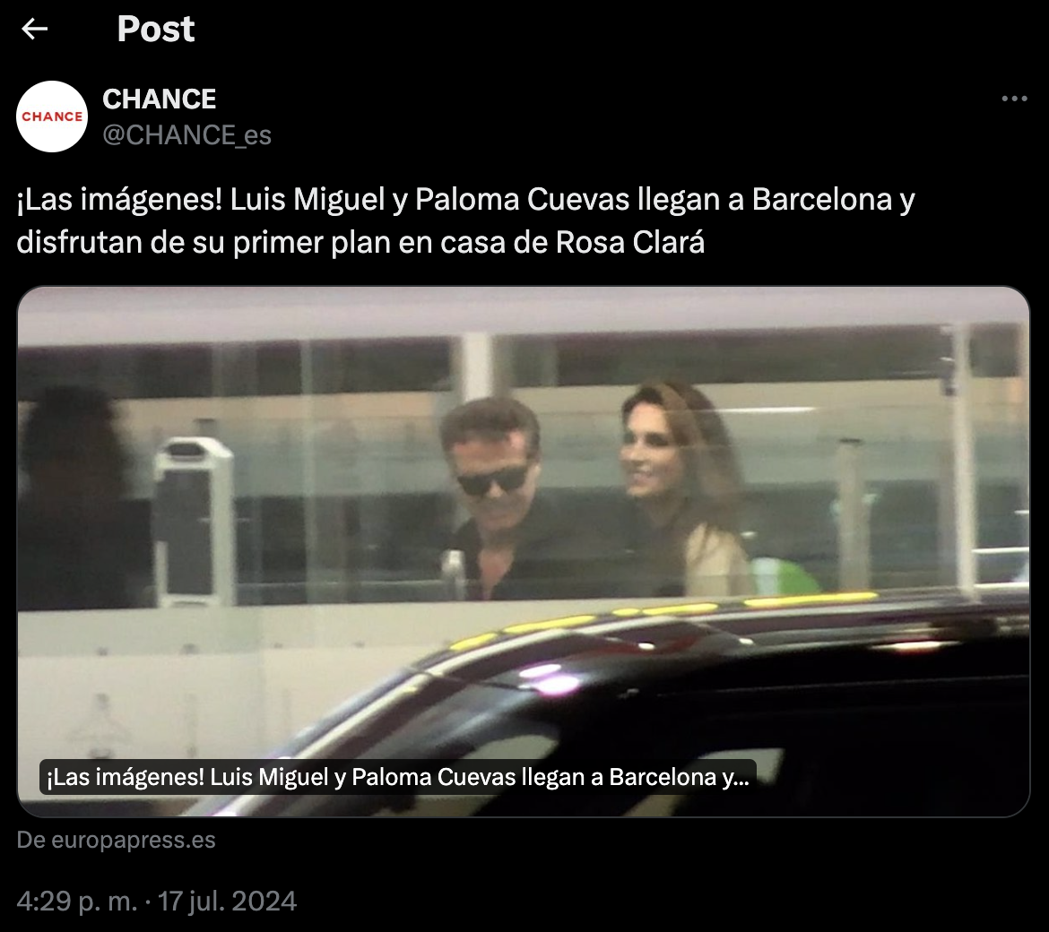 Luis Miguel y Paloma Cuevas llegando a Barcelona para el Tour 2024 del cantante.