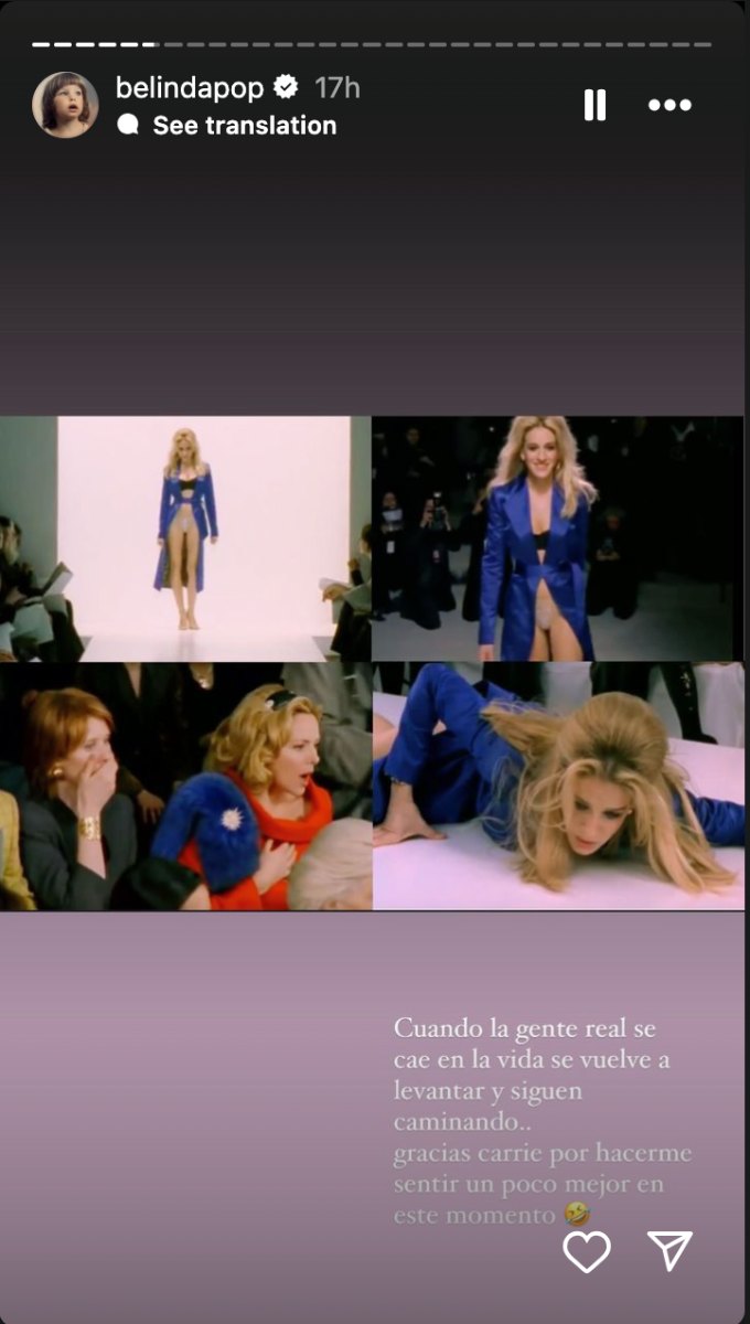 Belinda recordó el capítulo de Sex and The City donde Carrie      Bradshaw se cae durante desfile.