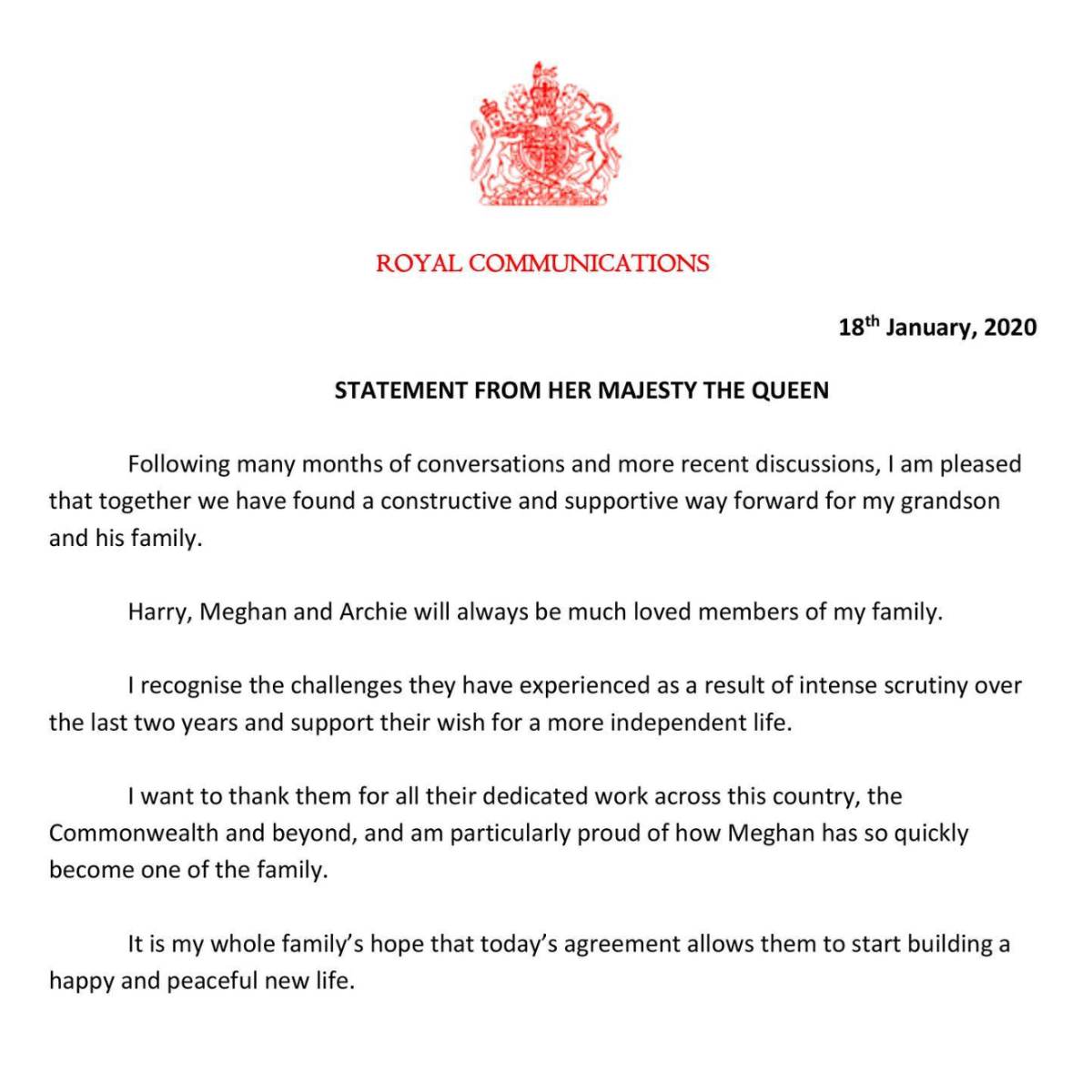 El comunicado oficial con el que la reina Isabel II anunció que Harry y Meghan Markle dejaban sus deberes reales dentro de La Corona británica.