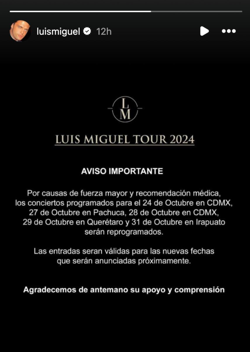 Luis Miguel pospone 5 conciertos del final de su tour 2024 por problemas de salud.
