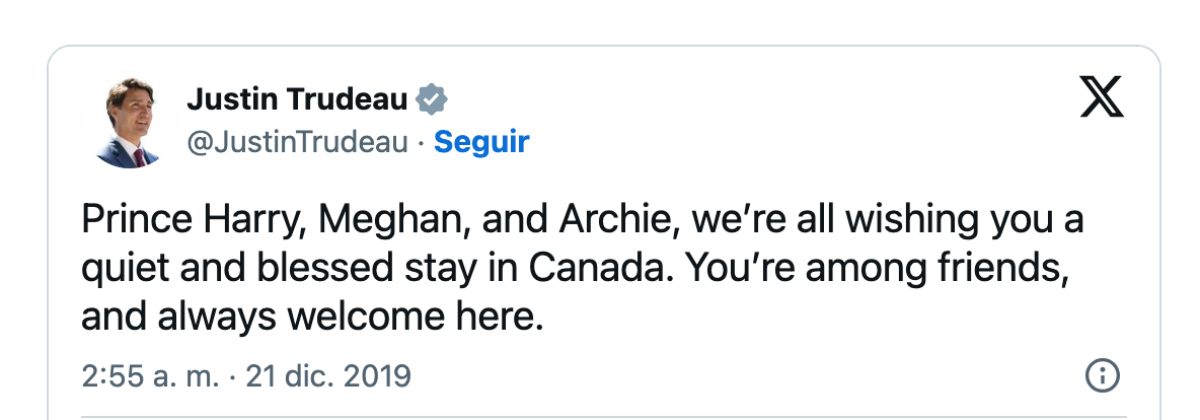 El mensaje que Justin Trudeau dedicó a Meghan y Harry cuando llegaron a Canadá en 2019.