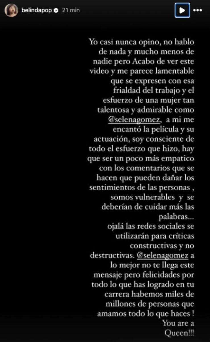 Belinda defendió a Selena Gomez y defendió su trabajo.