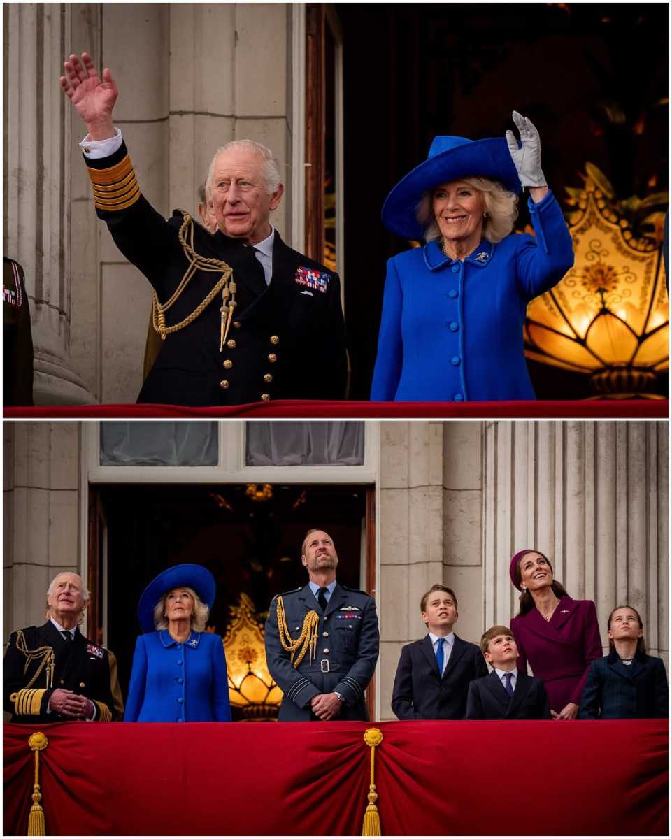 La familia real: el rey Carlos III, la reina Camilla, el príncipe William, Kate Middleton y sus tres hijos en el balcón del Palacio de Buckingham por el VE Day 2025.