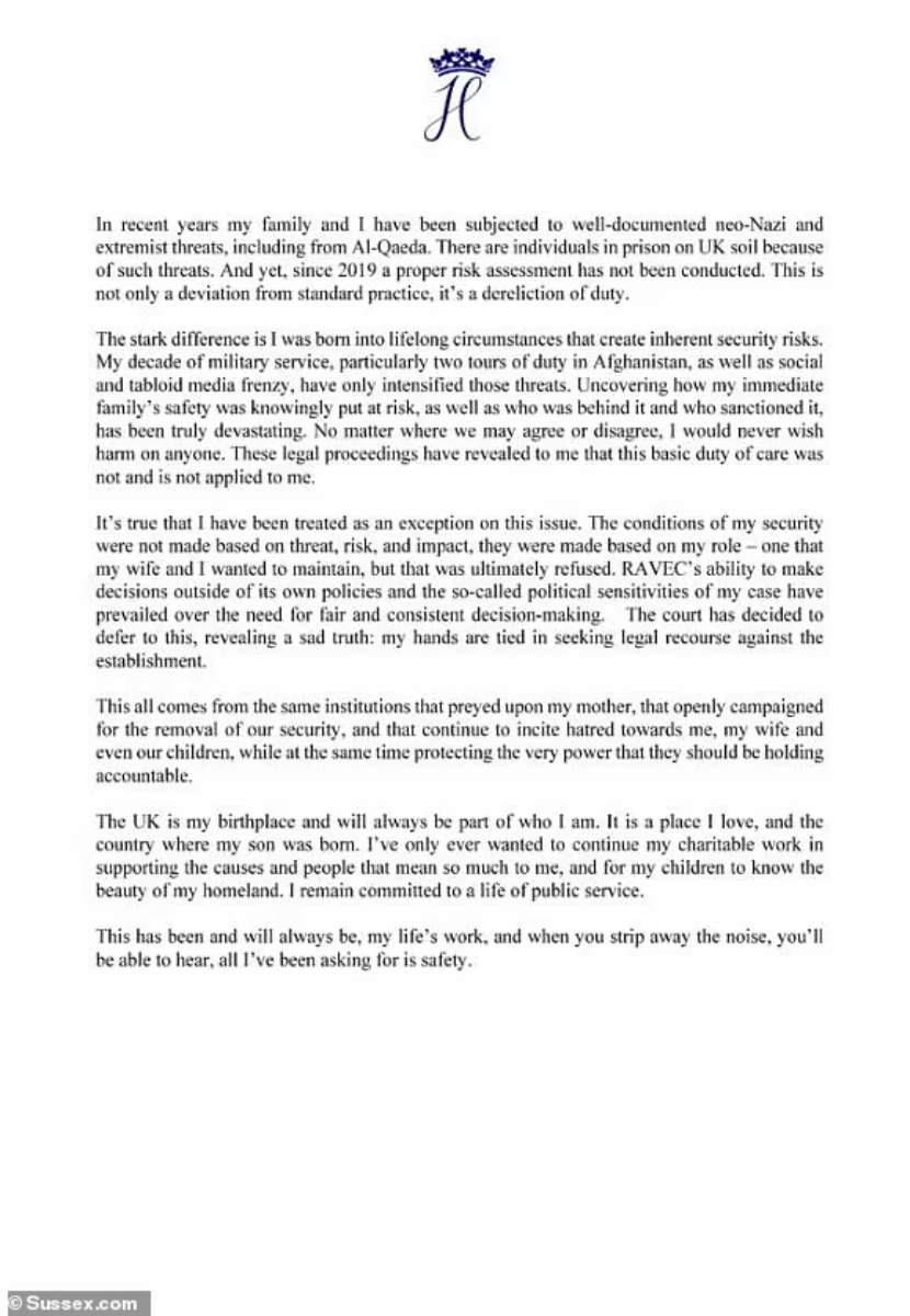 Harry detalló en un texto cómo impacta la decisión tomada por los tribunales británicos.