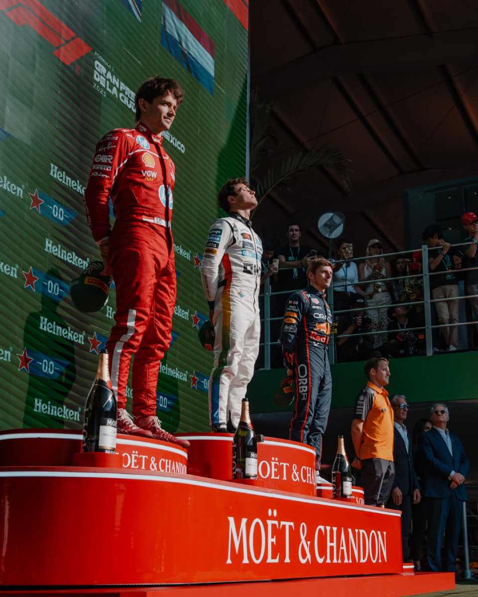 Charles Charles, Lando Norris y Max Verstappen, los ganadores del Gran Premio de México.