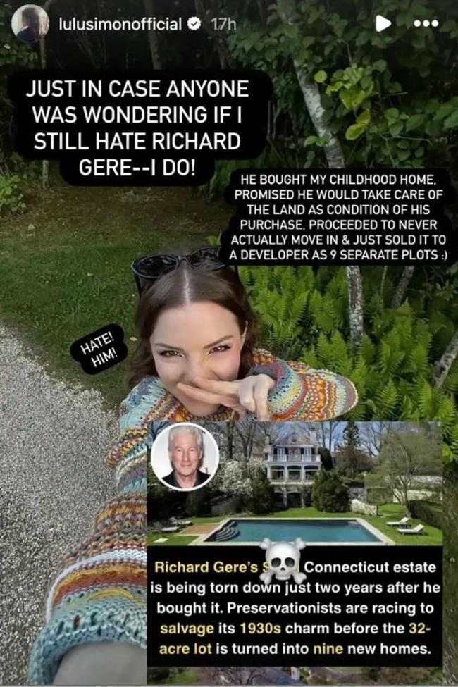 Lulu Simon exhibió a Richard Gere de no haber cumplido su promesa de conservar la casa que le había vendido su papá, Paul Simon.