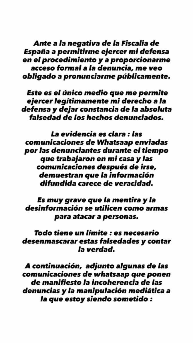 Comunicado emitido por Julio Iglesias.