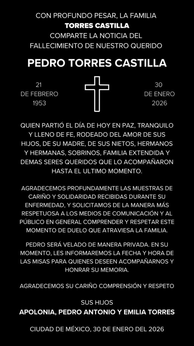 Esquela sobre el fallecimiento del productor Pedro Torres.