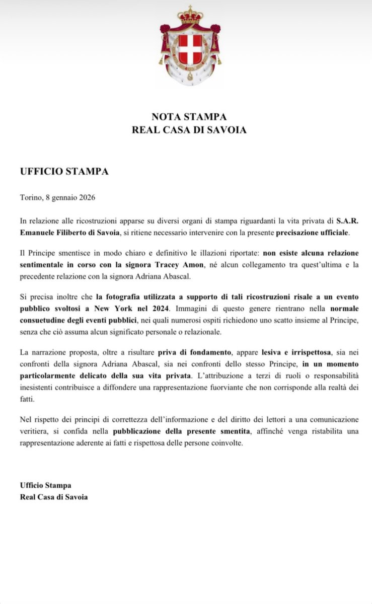 Este es el comunicado emitido por el príncipe Manuel Filiberto de Saboya aclarando la situación.