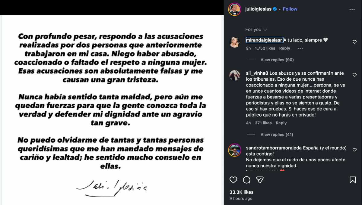 Esposa de Julio Iglesias apoya al cantante en comunicado donde desmiente haber agredido a exempleadas.