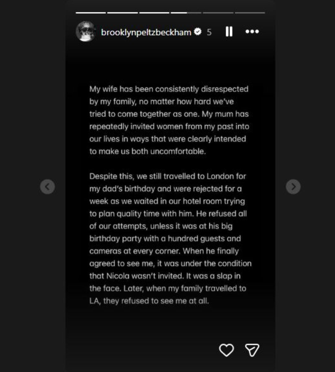 Mensajes de Brooklyn Beckham explicando las razones de la crisis familiar que vive con sus padres, David y Victoria Beckham.