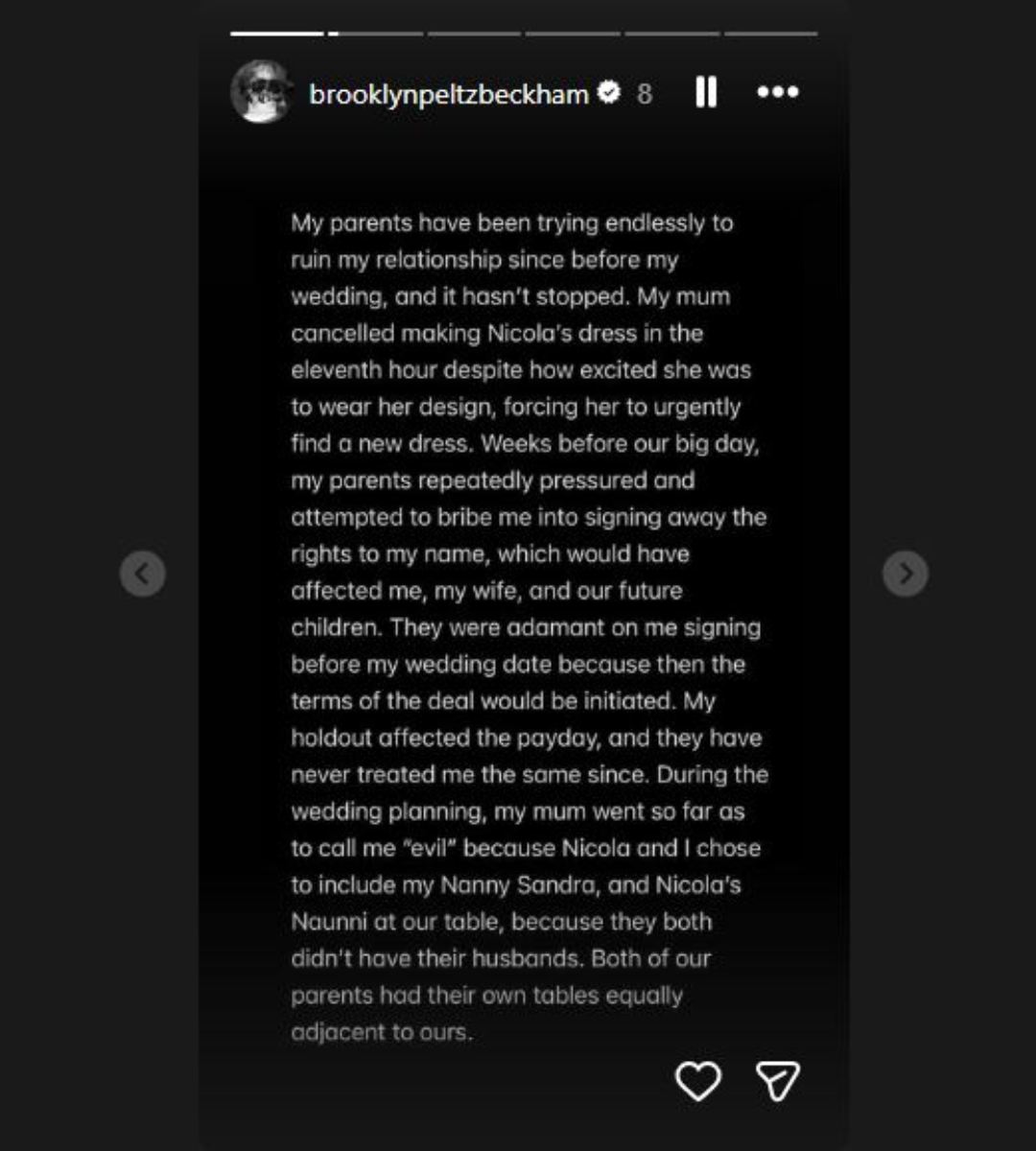 Mensajes de Brooklyn Beckham explicando las razones de la crisis familiar que vive con sus padres, David y Victoria Beckham.