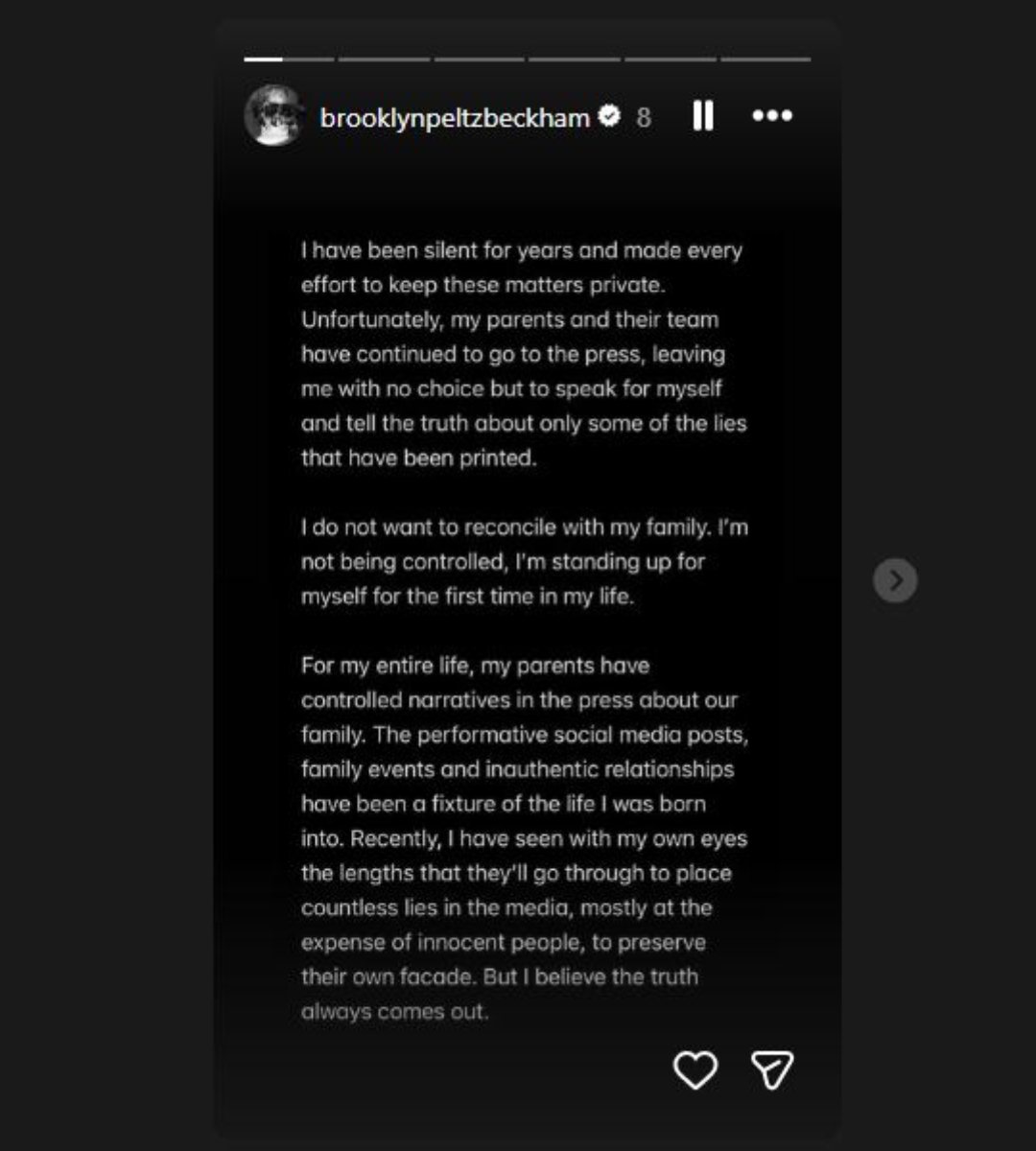 Mensajes de Brooklyn Beckham explicando las razones de la crisis familiar que vive con sus padres, David y Victoria Beckham.