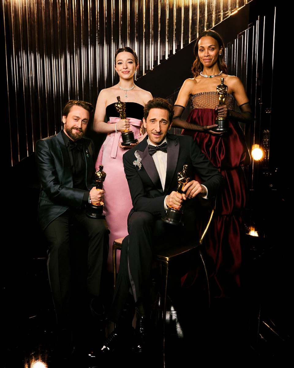 Los ganadores del Oscar en su edición 2025: Mikey Madison, Zoe Saldaña, Kieran Culkin y Adrien Brody.