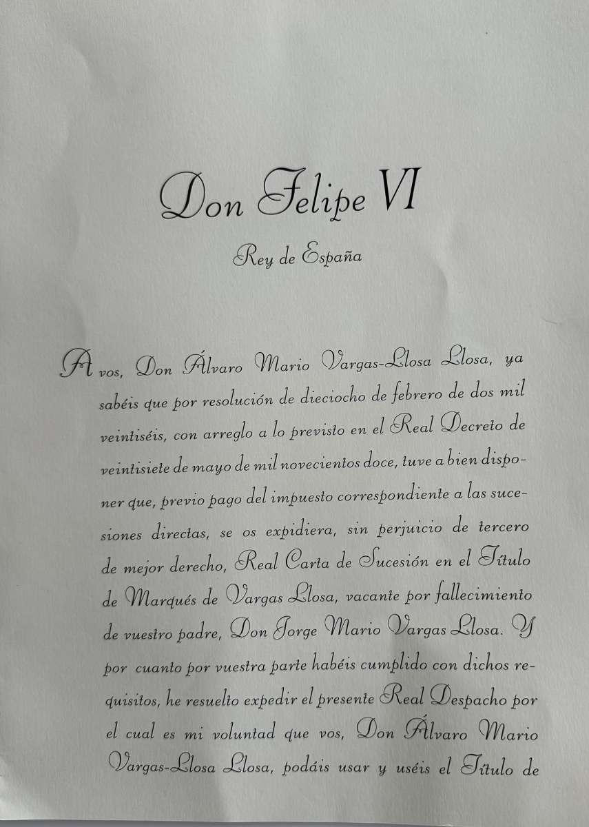 Carta que el rey de España le envió a Álvaro Vargas Llosa.