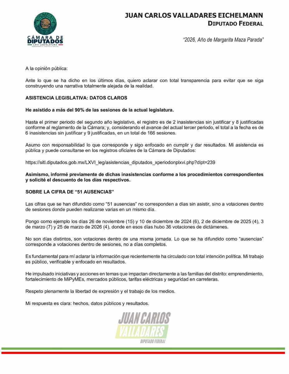 Comunicado de Juan Carlos Valladares.